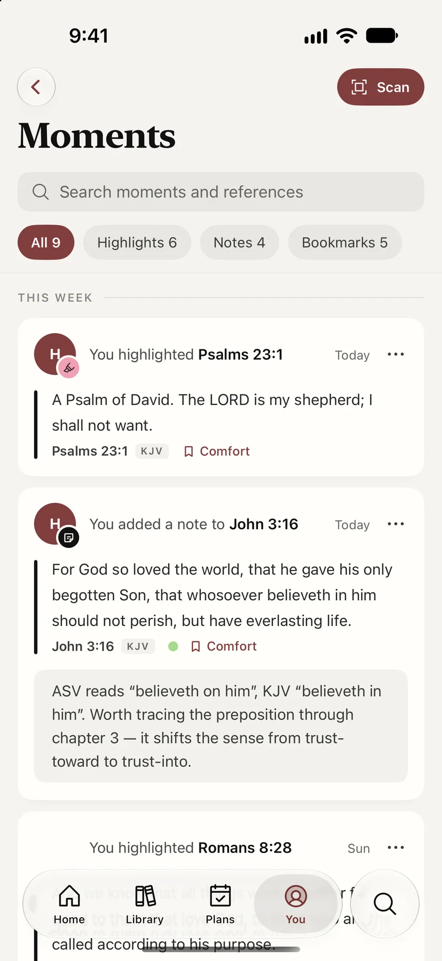 Moments: highlights, notes and bookmarks, newest first