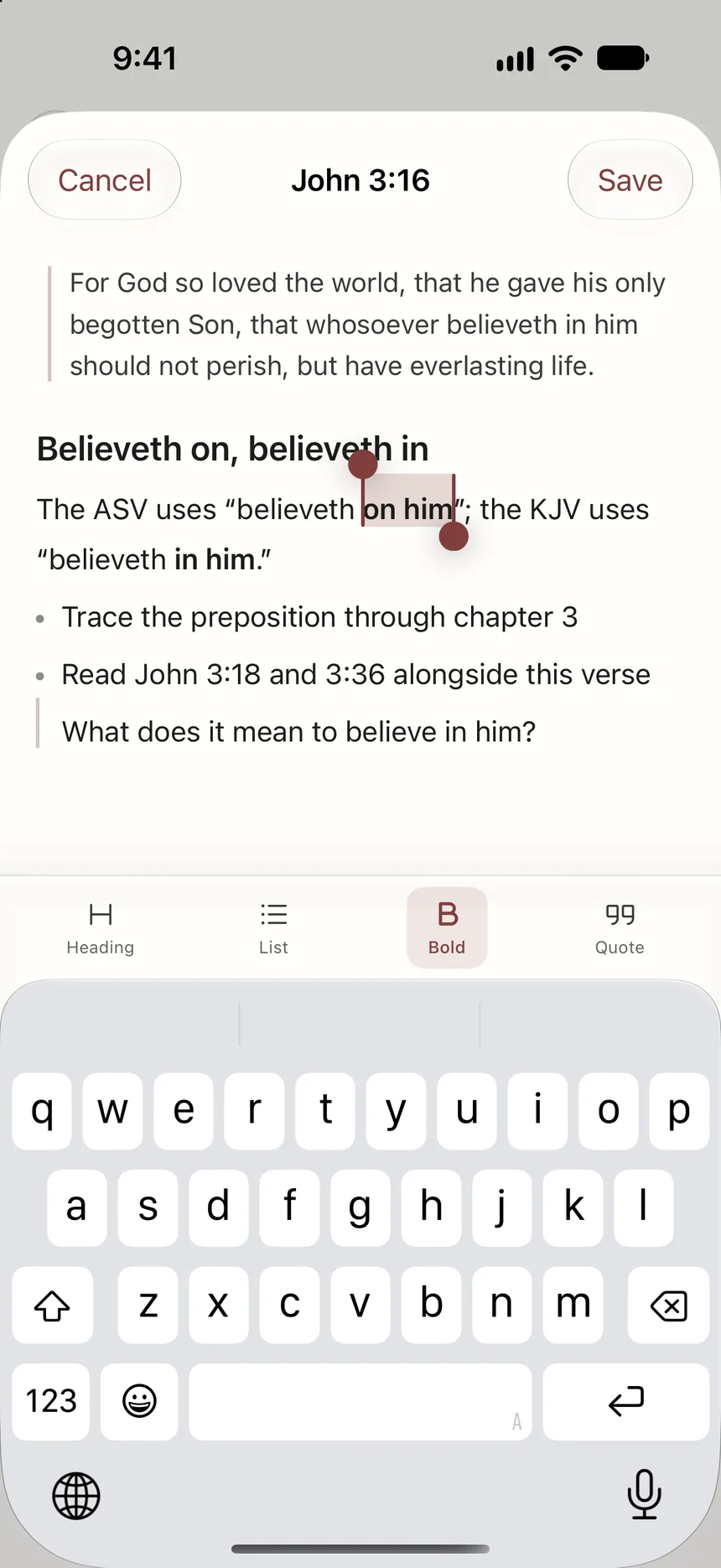 A note on John 3:16 being edited: a heading, a list, a quote, and words set in bold