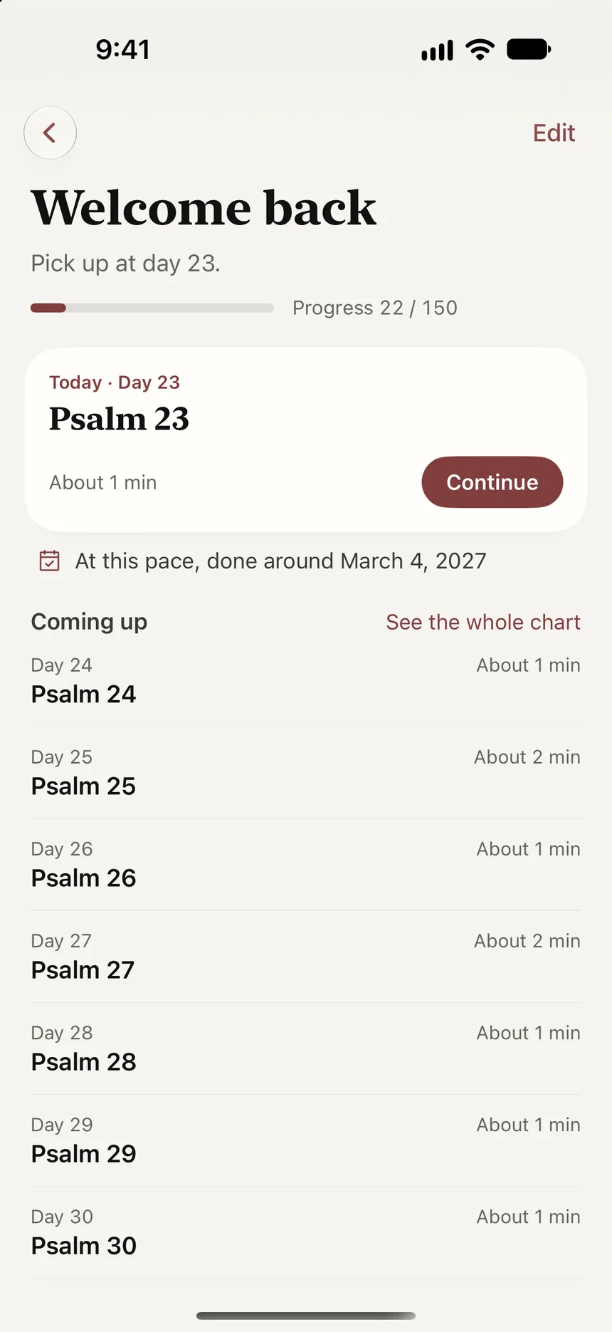 A plan’s page: welcome back, pick up at day 23