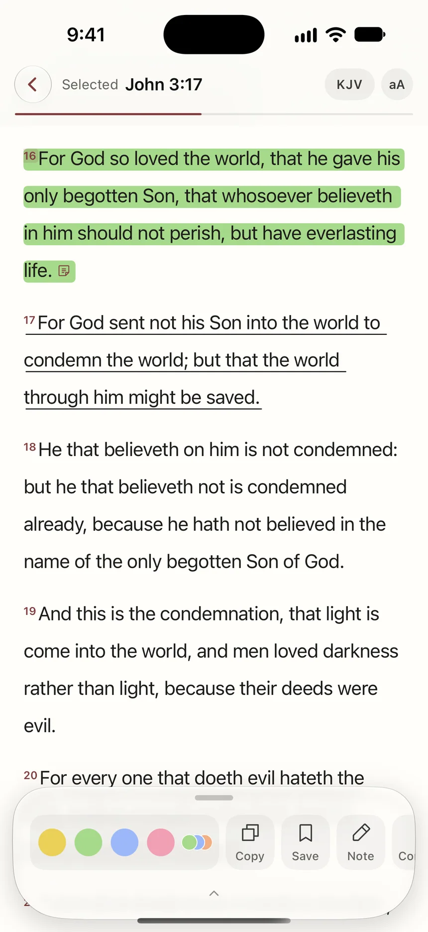 John 3:16 highlighted, the verse panel open beneath