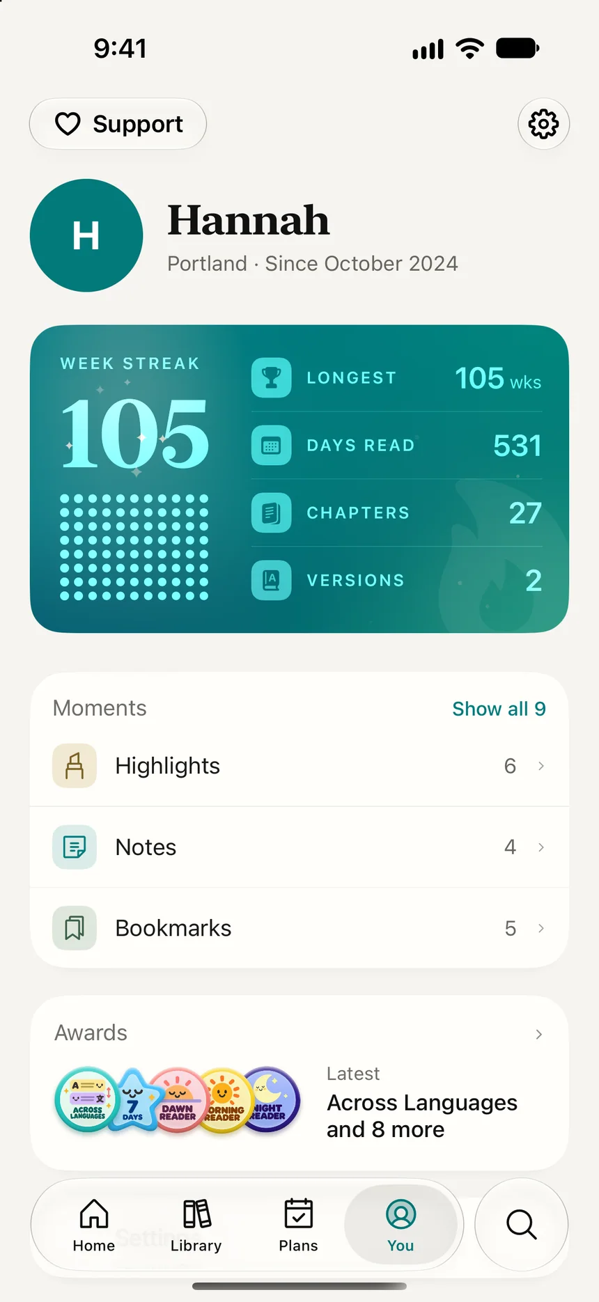 The You page in Teal